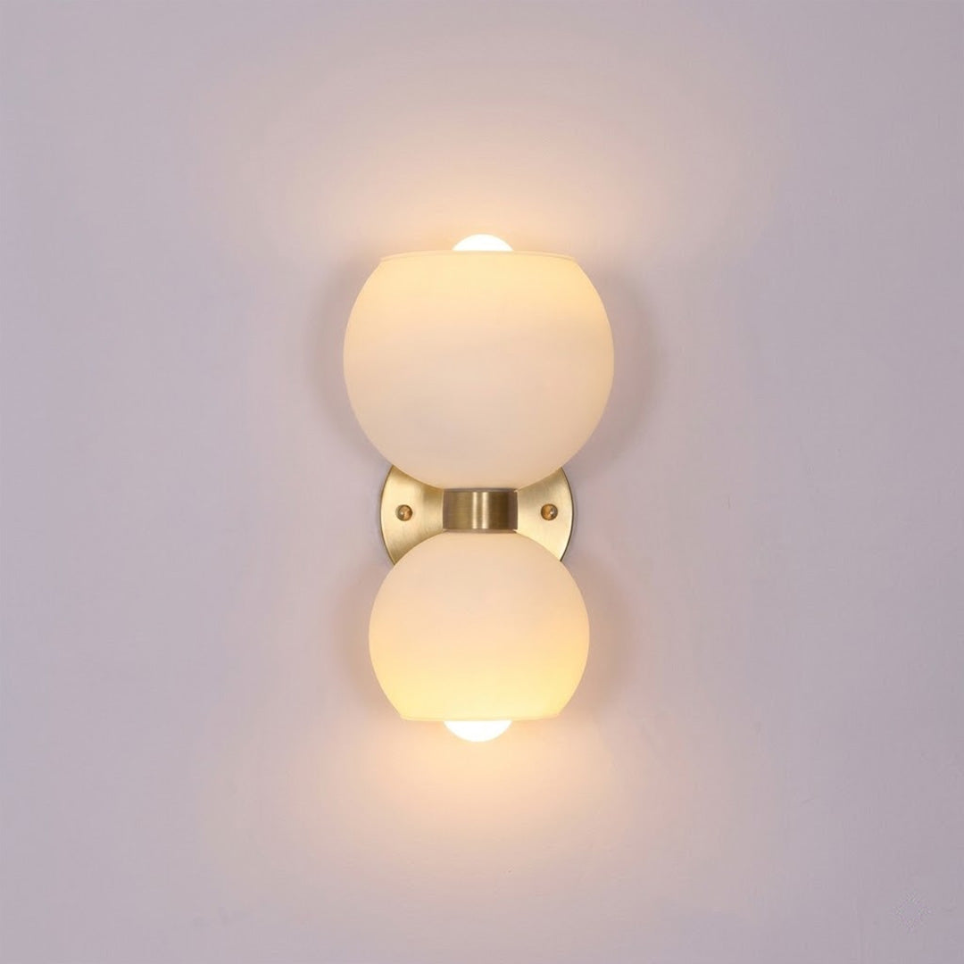 Mira mid century wall sconce brass arm white glass shade modern classic white background