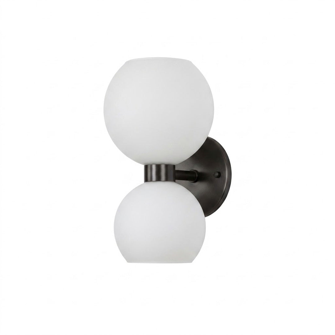 Mira wall sconce matte black arm white glass shade modern white background