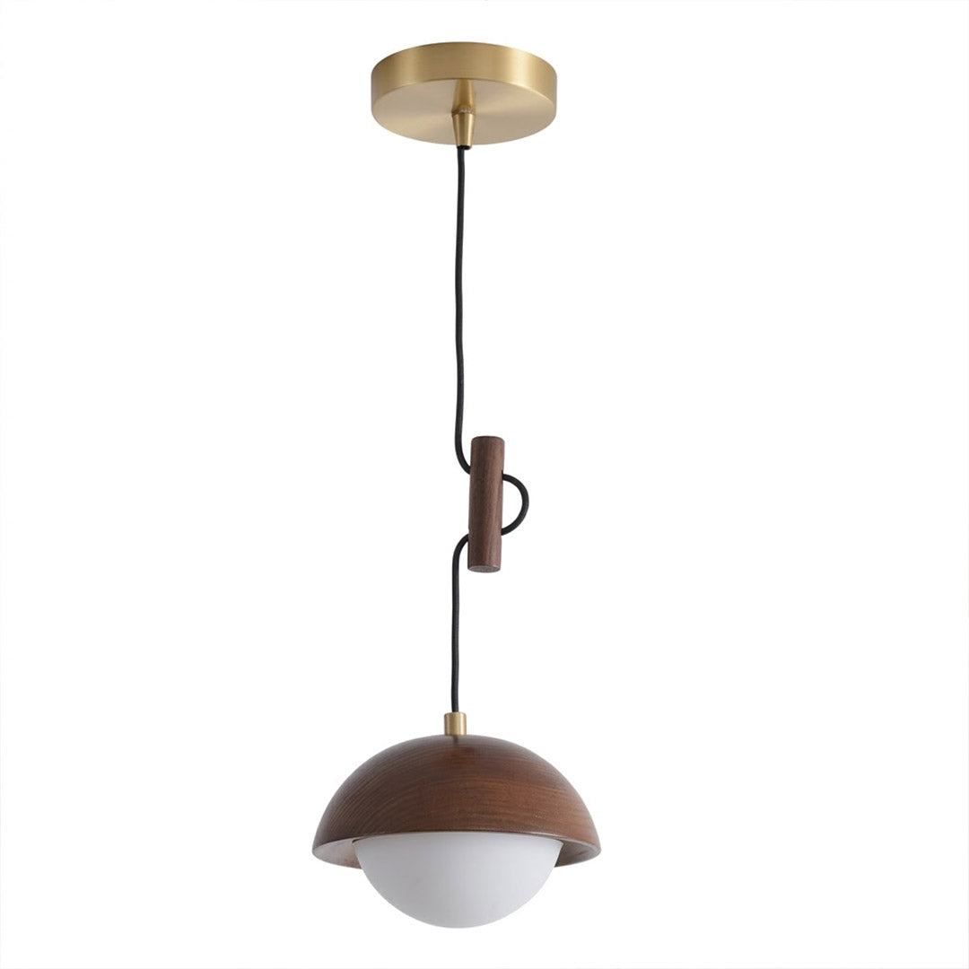 Mochi mini LED pendant light wood hemispherical shade brass stem frosted glass diffuser 5.9 inch white background