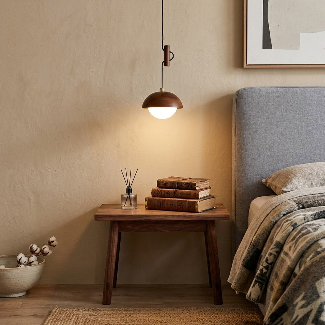 Mochi mini pendant bedside Japandi bedroom soft 3000K warm ambient glow above nightstand