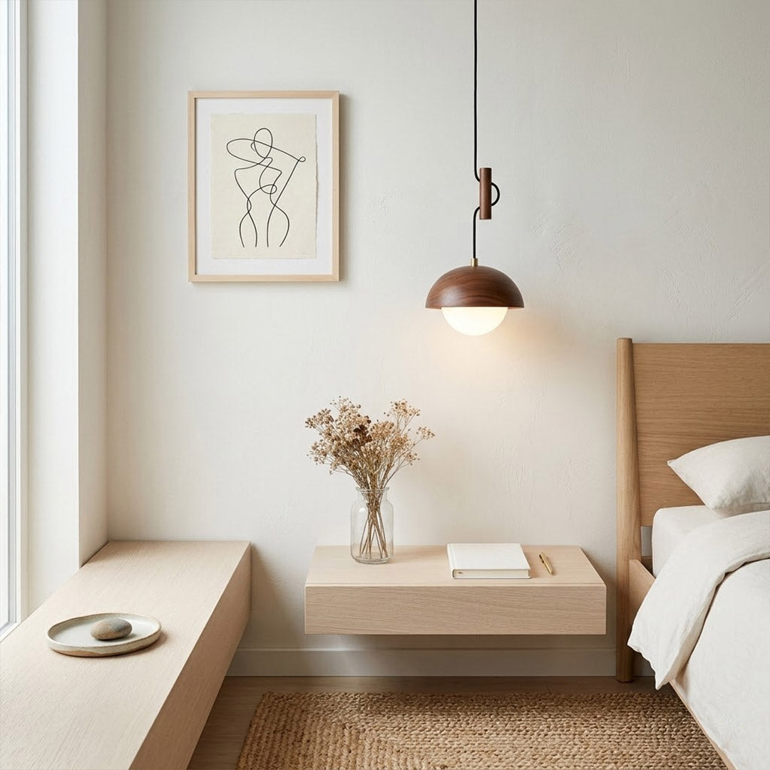 Mochi mini pendant bedside Japandi bedroom soft 3000K warm ambient glow above nightstand
