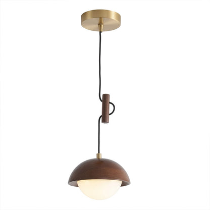 Mochi mini LED pendant light wood hemispherical shade brass stem frosted glass diffuser 5.9 inch white background
