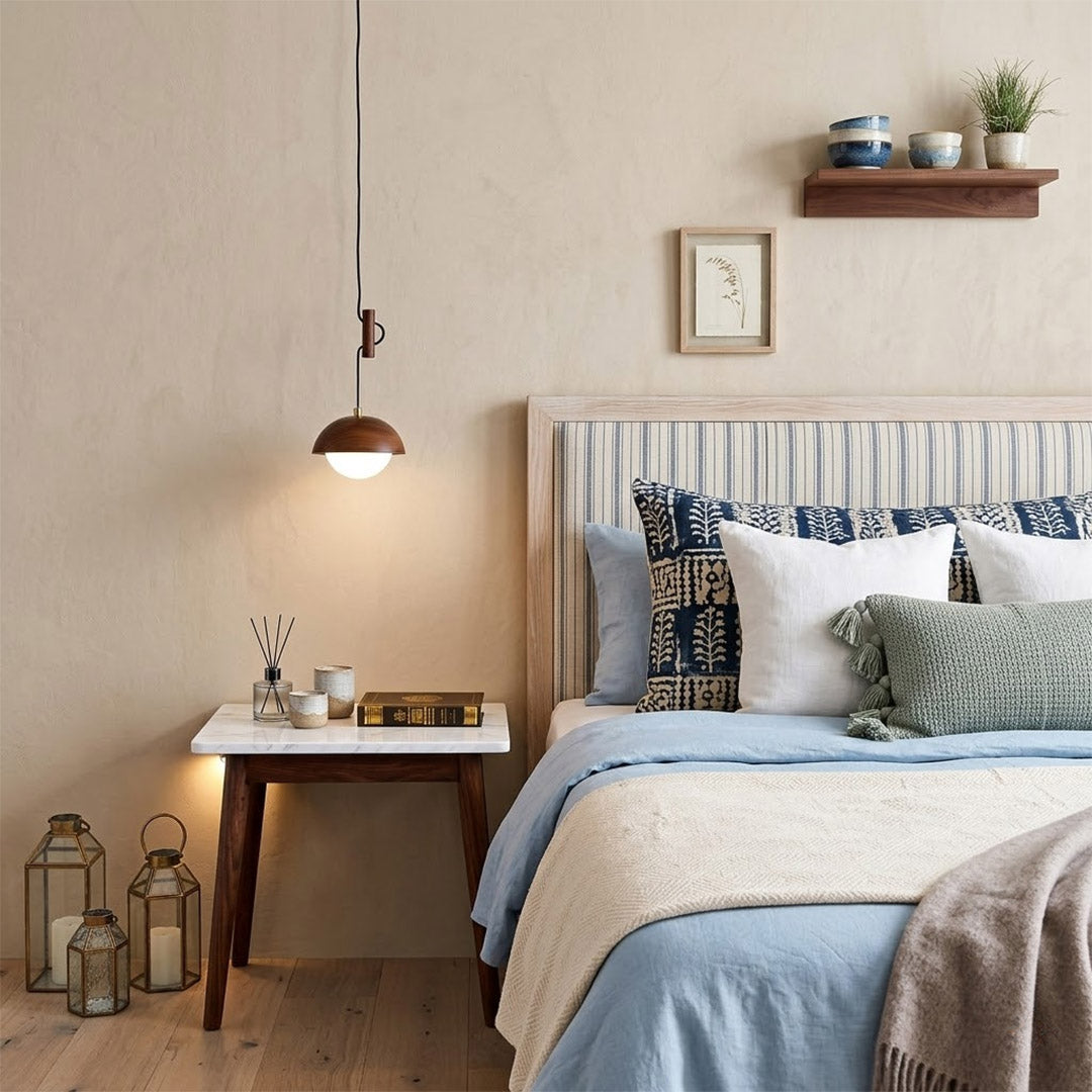 Mochi mini pendant bedside Japandi bedroom soft 3000K warm ambient glow above nightstand
