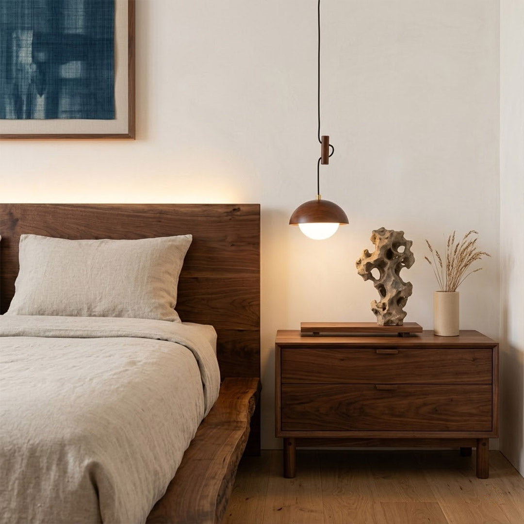 Mochi mini pendant bedside Japandi bedroom soft 3000K warm ambient glow above nightstand