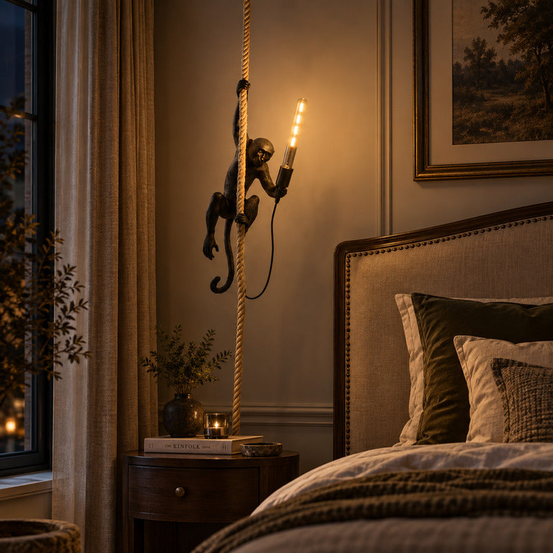 Monkey pendant light adding a playful accent above a modern bedroom nightstand