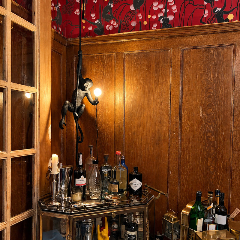 Monkey pendant light setting a quirky fun mood in a design-forward cafe or bar