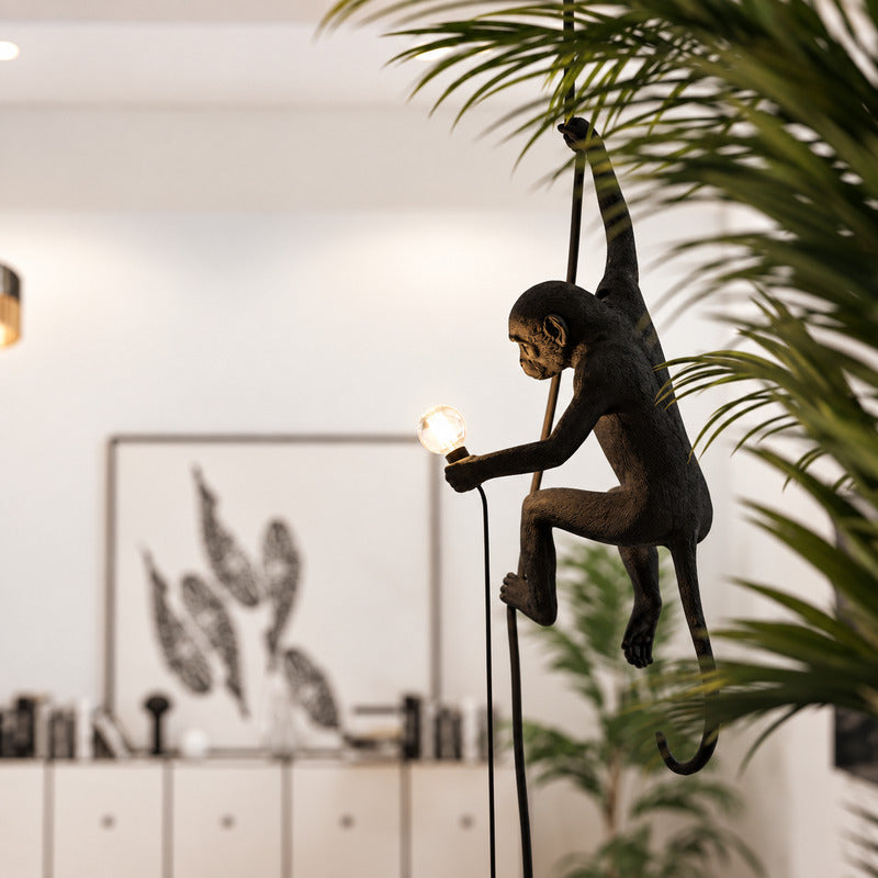 Monkey pendant light as a quirky sculptural conversation piece in a modern living room
