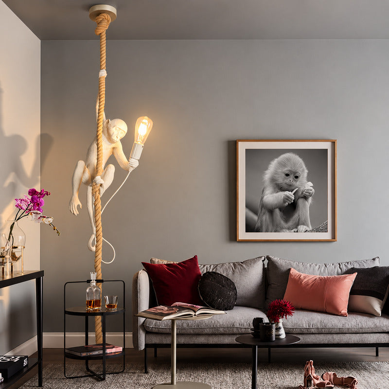 Monkey pendant light as a quirky sculptural conversation piece in a modern living room