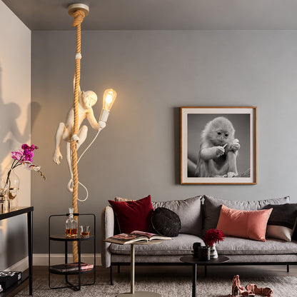 Monkey pendant light as a quirky sculptural conversation piece in a modern living room