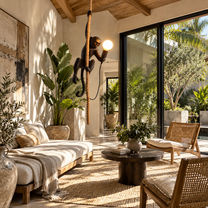 Monkey pendant light as a quirky sculptural conversation piece in a modern living room