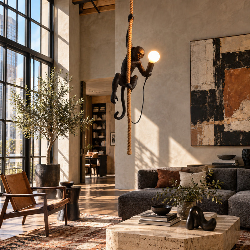 Monkey pendant light as a quirky sculptural conversation piece in a modern living room