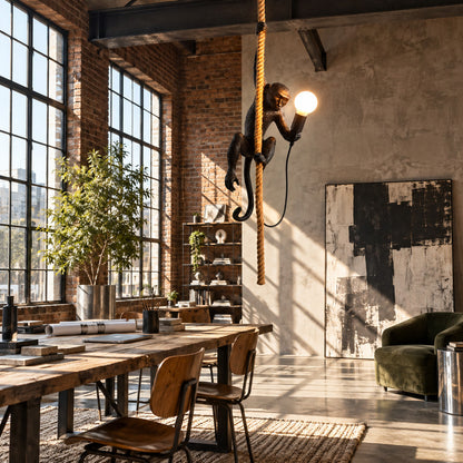 Monkey pendant light as a quirky sculptural conversation piece in a modern living room