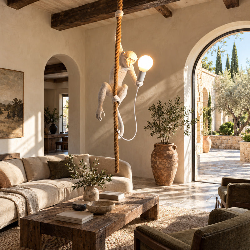 Monkey pendant light as a quirky sculptural conversation piece in a modern living room