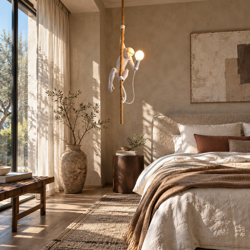 Monkey pendant light adding a playful accent above a modern bedroom nightstand