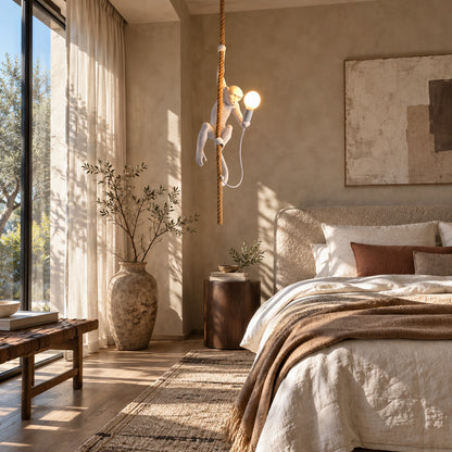 Monkey pendant light adding a playful accent above a modern bedroom nightstand