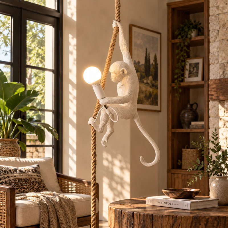 Black Monkey pendant light adding personality to a home office reading corner