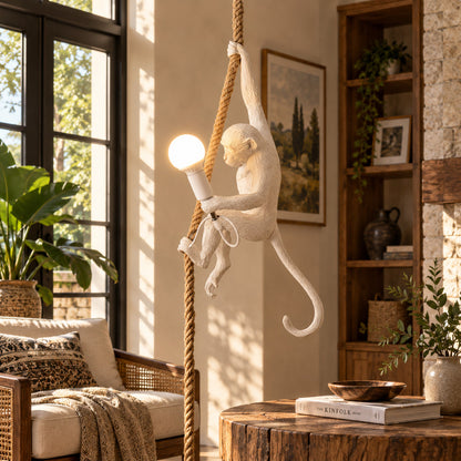 Black Monkey pendant light adding personality to a home office reading corner