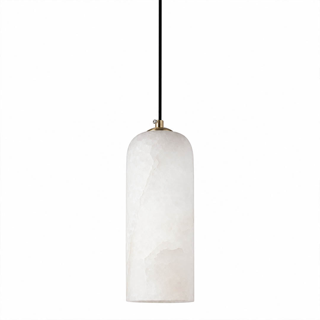 Monvela alabaster pendant light single head brass white natural stone shade braided cord modern white background front view