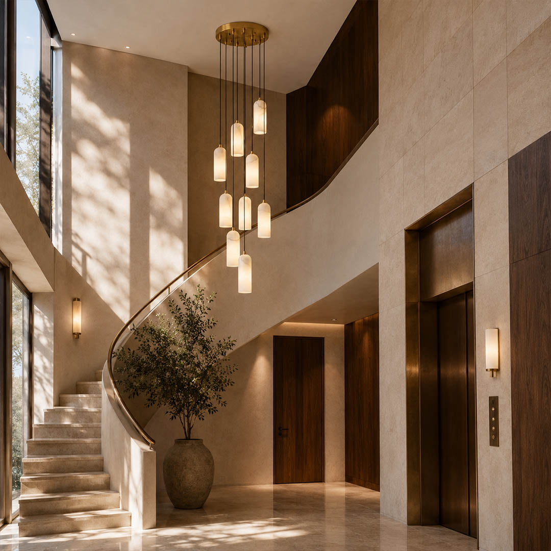 Monvela alabaster pendant light staircase stairwell cluster cascading natural stone brass grand drop American home lifestyle interior