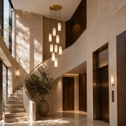 Monvela alabaster pendant light staircase stairwell cluster cascading natural stone brass grand drop American home lifestyle interior