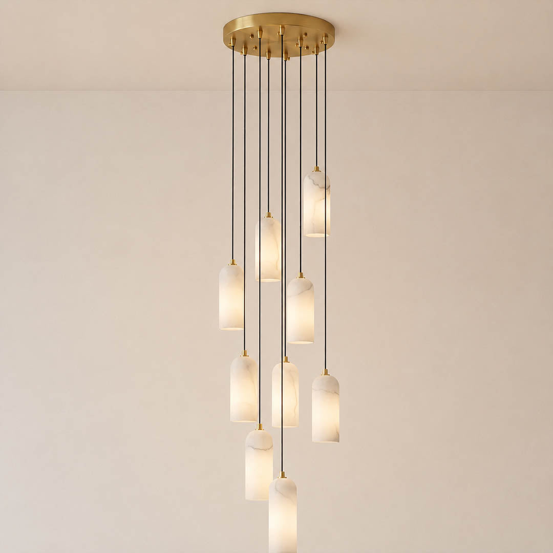 Monvela alabaster pendant light five heads cluster brass white natural stone shades modern chandelier white background front view