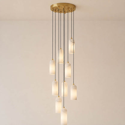 Monvela alabaster pendant light five heads cluster brass white natural stone shades modern chandelier white background front view
