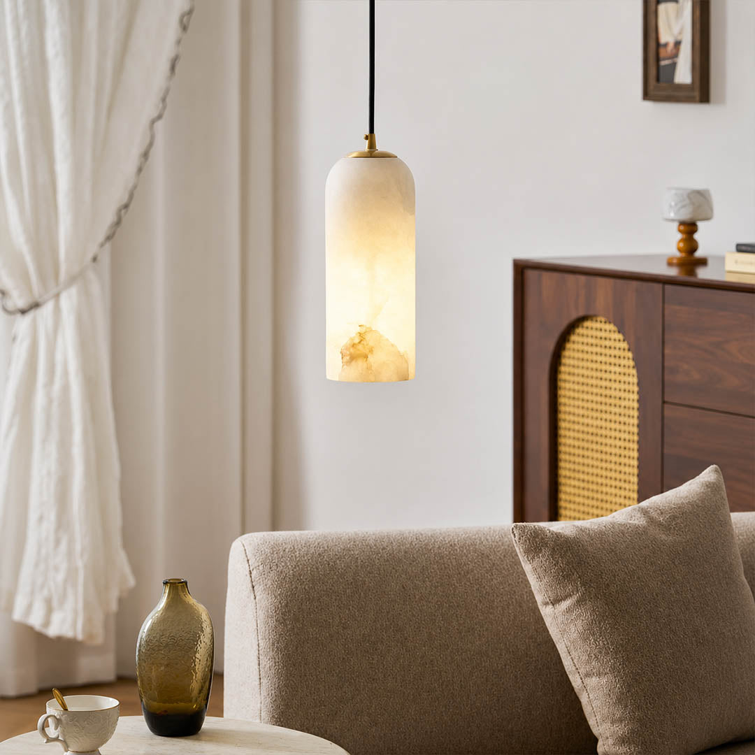 Monvela alabaster pendant light natural stone organic veining unique pattern detail close up translucent craftsmanship