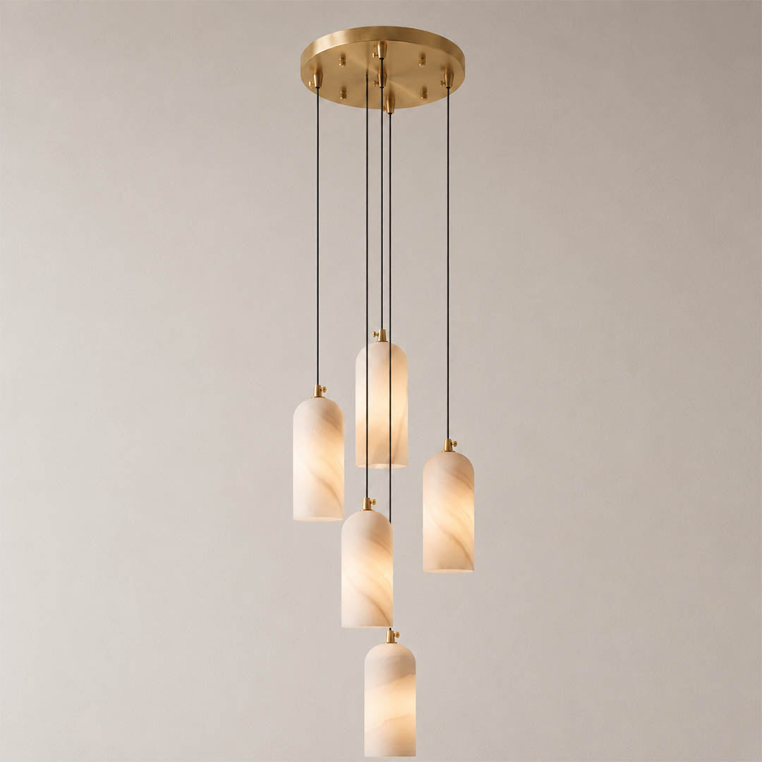 Monvela alabaster pendant light five heads cluster brass white natural stone shades modern chandelier white background front view