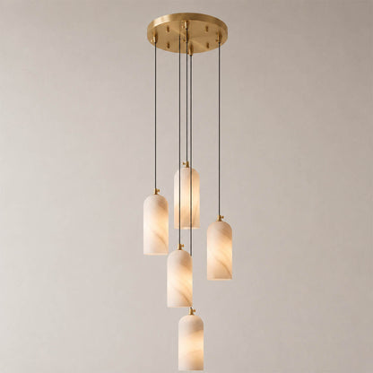 Monvela alabaster pendant light five heads cluster brass white natural stone shades modern chandelier white background front view