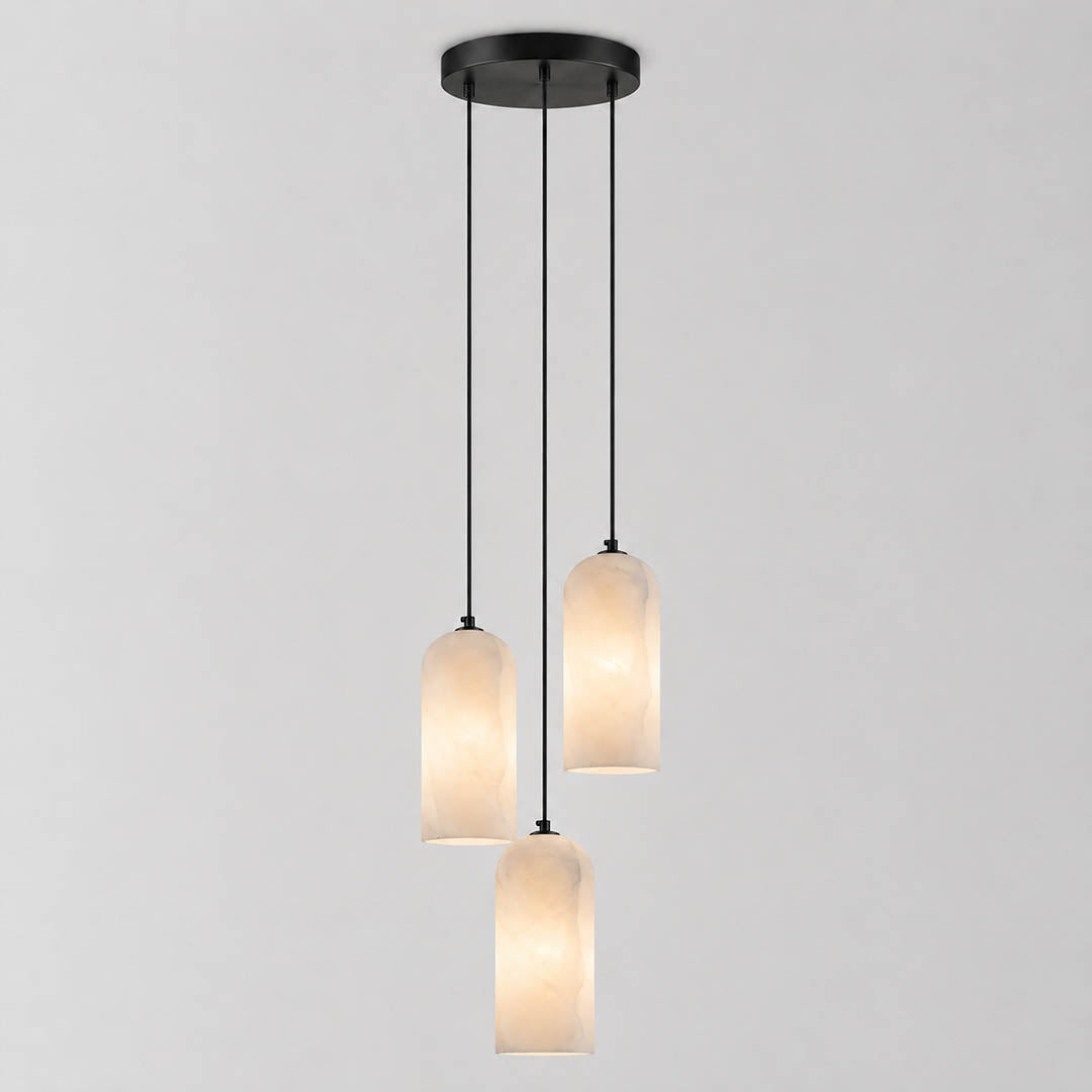 Monvela alabaster pendant light single head brass white natural stone shade braided cord modern white background front view