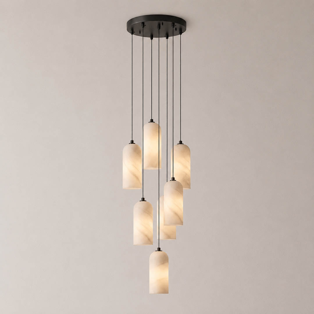 Monvela alabaster pendant light five heads cluster brass white natural stone shades modern chandelier white background front view