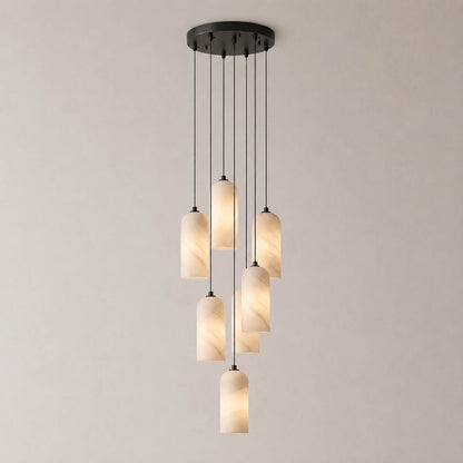 Monvela alabaster pendant light five heads cluster brass white natural stone shades modern chandelier white background front view