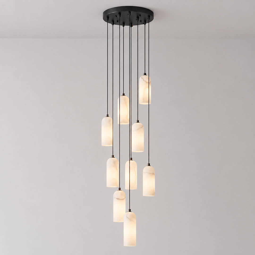 Monvela alabaster pendant light nine heads cluster natural stone shades brass statement chandelier white background front view