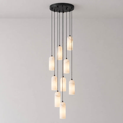 Monvela alabaster pendant light nine heads cluster natural stone shades brass statement chandelier white background front view