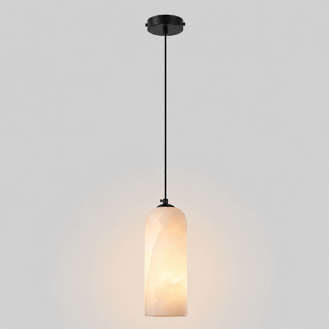 Monvela alabaster pendant light single head brass white natural stone shade braided cord modern white background front view