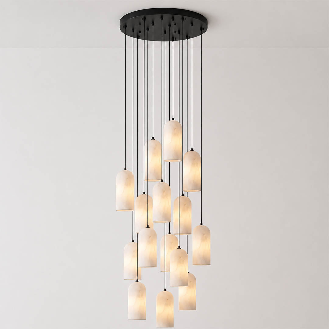 Monvela alabaster pendant light nine heads cluster natural stone shades brass statement chandelier white background front view