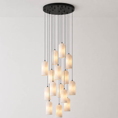 Monvela alabaster pendant light nine heads cluster natural stone shades brass statement chandelier white background front view