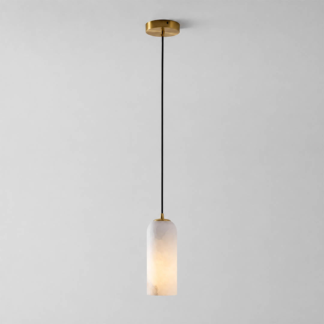 Monvela alabaster pendant light single head brass white natural stone shade braided cord modern white background front view