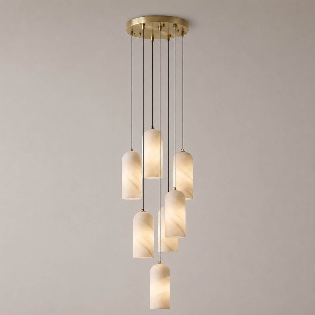 Monvela alabaster pendant light five heads cluster brass white natural stone shades modern chandelier white background front view
