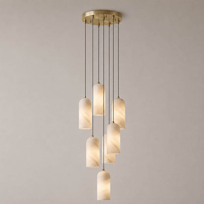 Monvela alabaster pendant light five heads cluster brass white natural stone shades modern chandelier white background front view