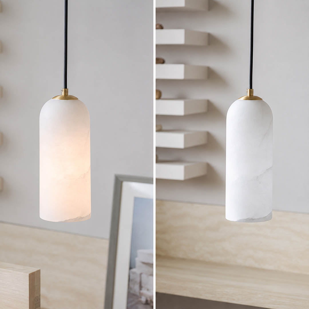 Monvela alabaster pendant light illuminated warm glow translucent natural stone braided cord soft radiance white background