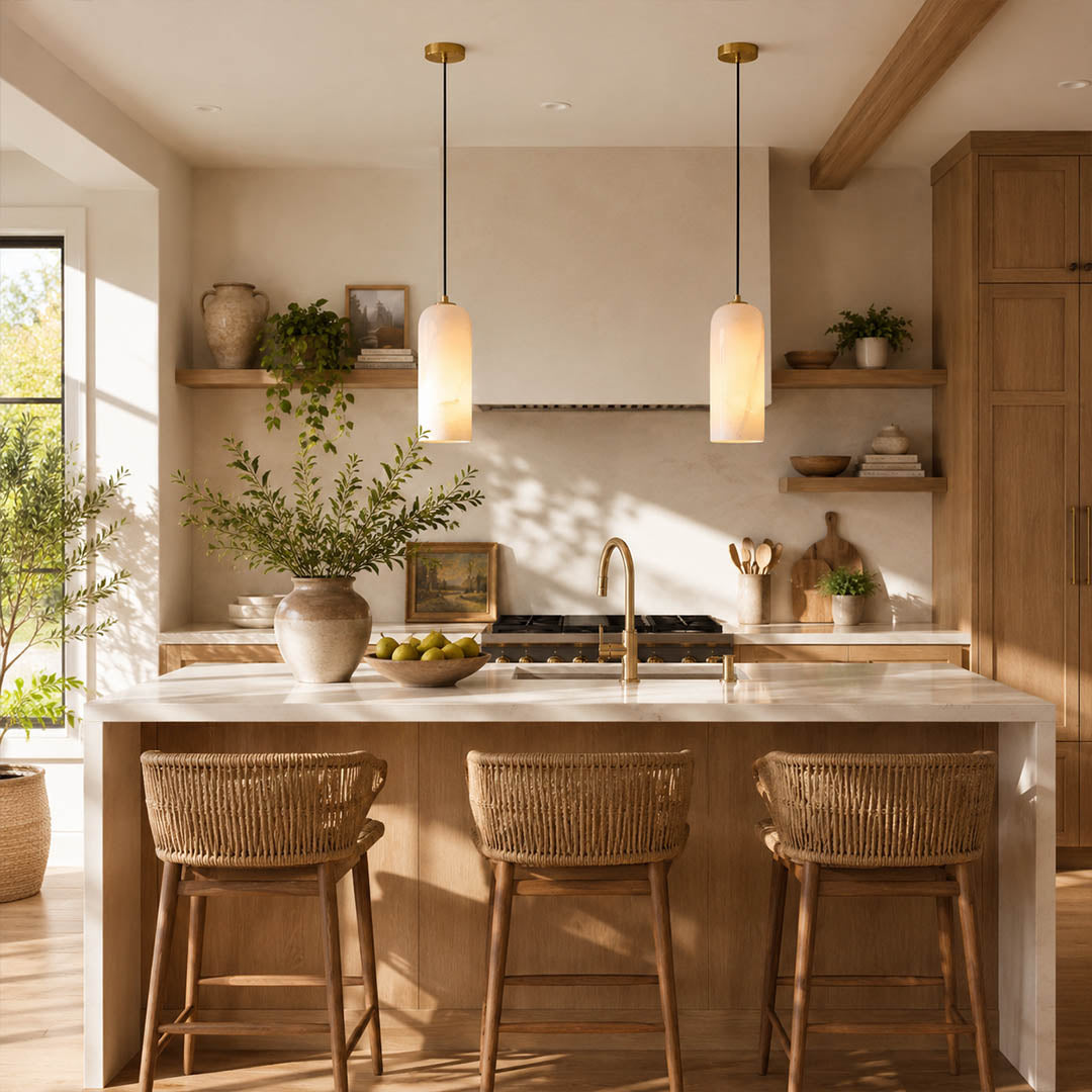 Monvela alabaster pendant light kitchen island above counter natural stone brass warm glow understated glamour American home lifestyle interior