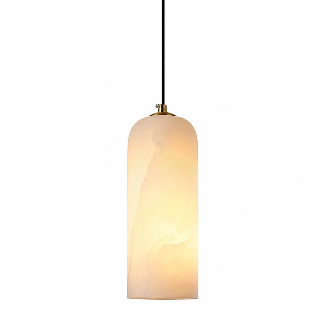 Monvela alabaster pendant light illuminated warm glow translucent natural stone braided cord soft radiance white background