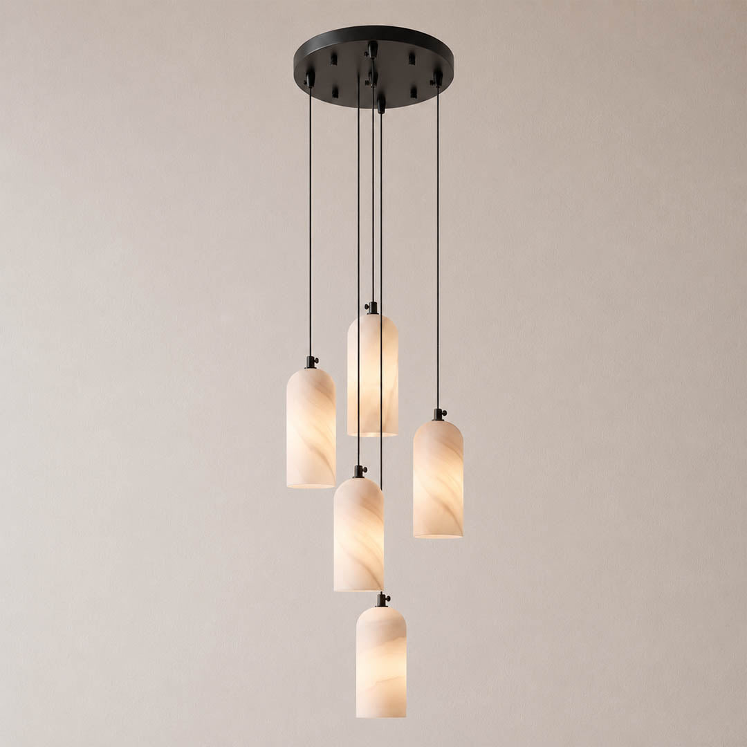 Monvela alabaster pendant light five heads cluster brass white natural stone shades modern chandelier white background front view