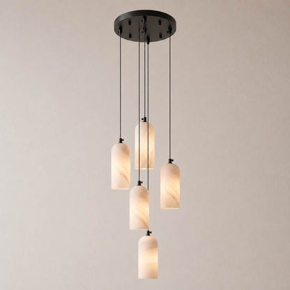 Monvela alabaster pendant light five heads cluster brass white natural stone shades modern chandelier white background front view