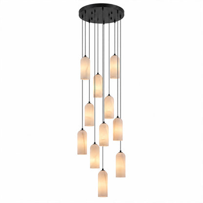 Monvela alabaster pendant light nine heads cluster natural stone shades brass statement chandelier white background front view