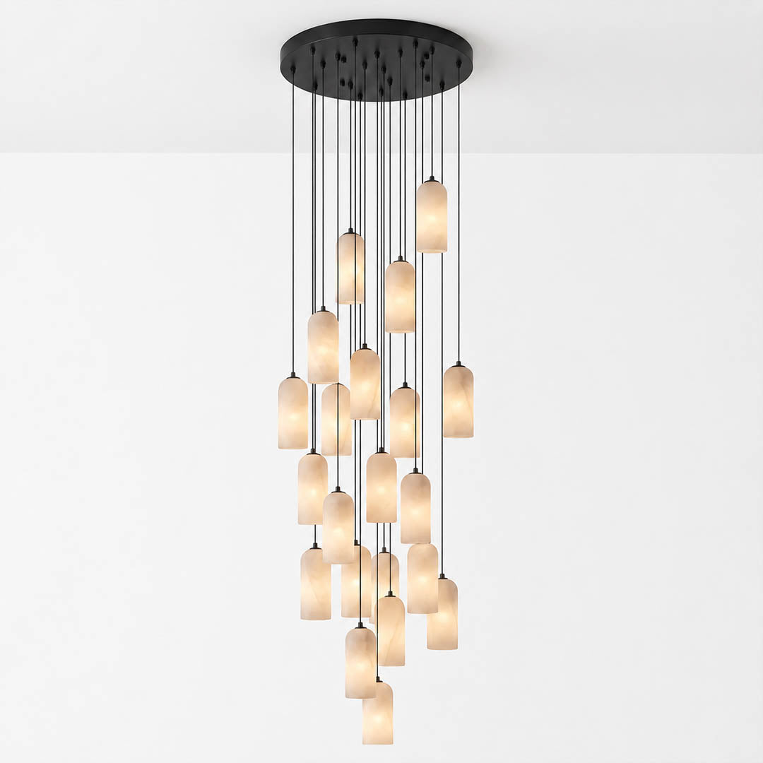 Monvela alabaster pendant light nine heads cluster natural stone shades brass statement chandelier white background front view