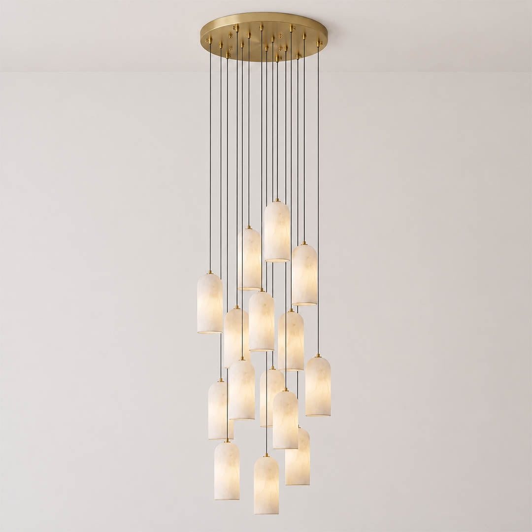 Monvela alabaster pendant light nine heads cluster natural stone shades brass statement chandelier white background front view