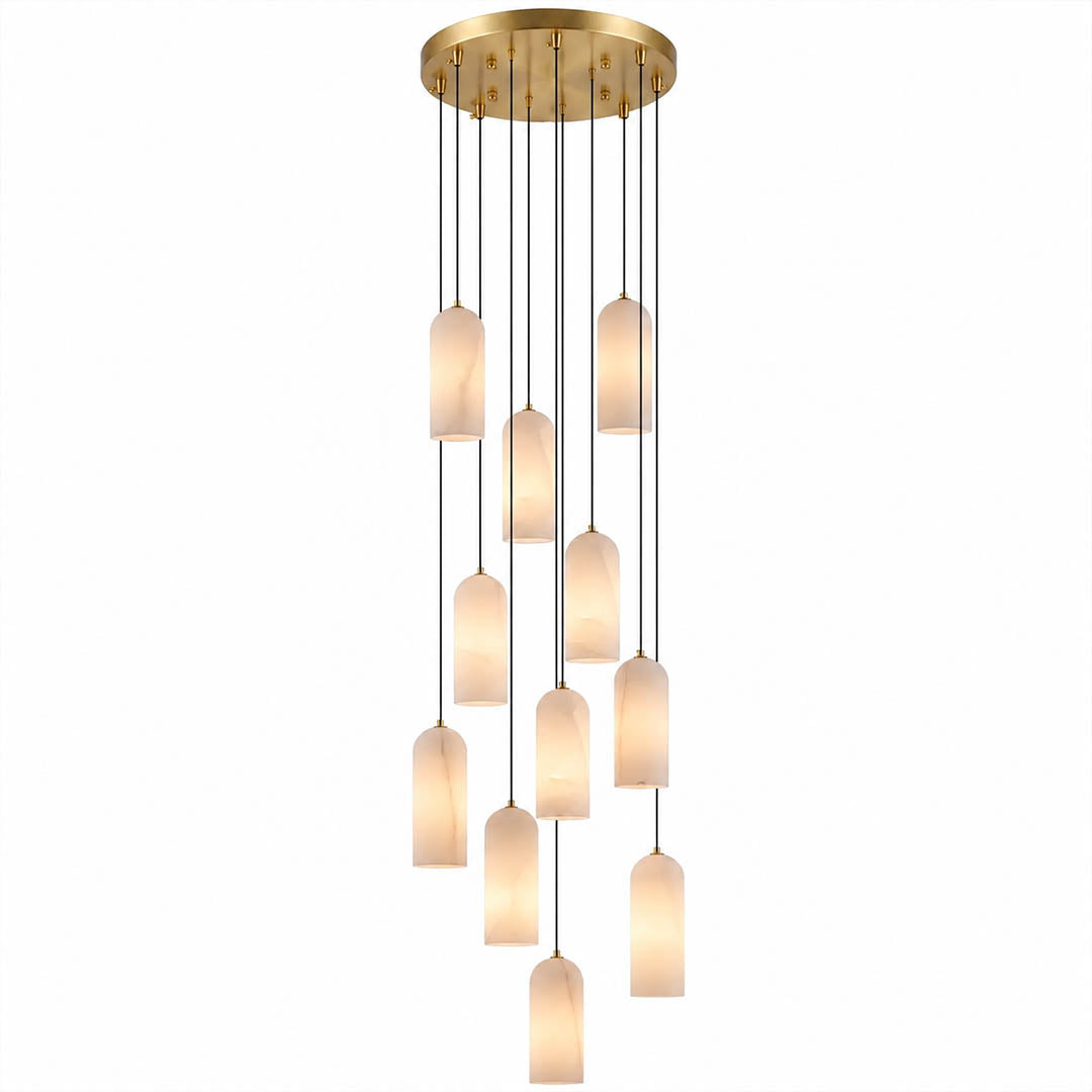 Monvela alabaster pendant light nine heads cluster natural stone shades brass statement chandelier white background front view