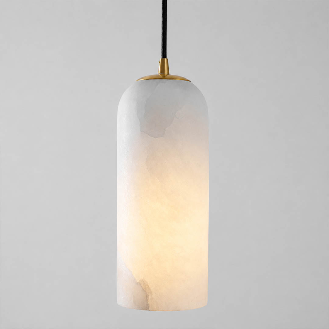 Monvela alabaster pendant light natural stone organic veining unique pattern detail close up translucent craftsmanship